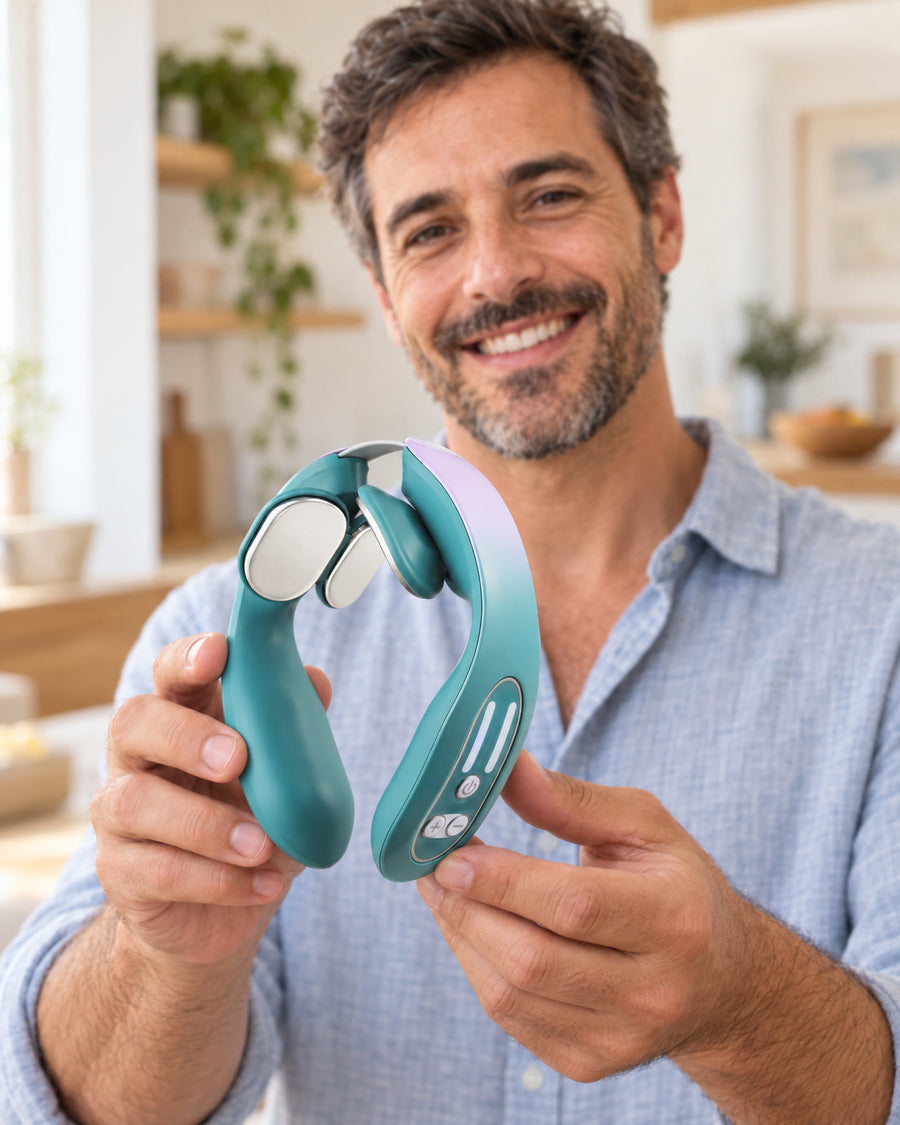 Hombre sonriente enseñando el masajeador cervical en la mano
