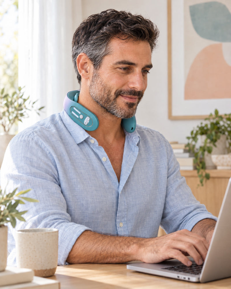 Hombre teletrabajando con el masajeador cervical puesto