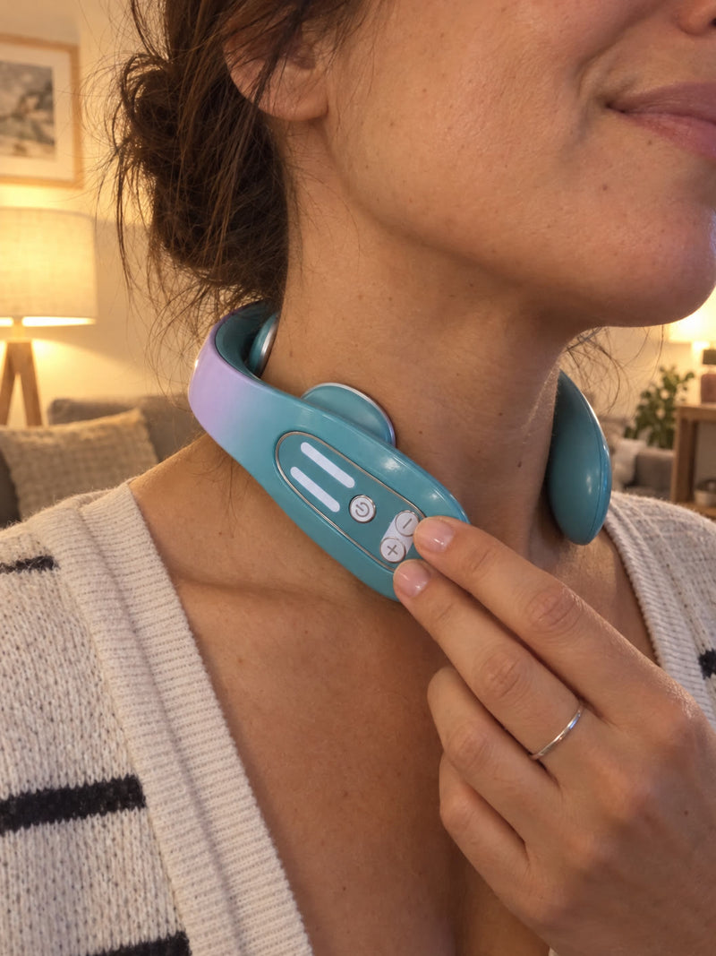 Clienta tocando los botones del masajeador cervical que lleva puesto